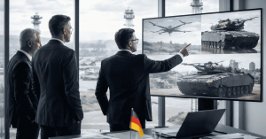 Deutsche Führungskräfte analysieren militärische Technologie auf einem Bildschirm in einem modernen Büro, mit Blick auf Verteidigungsfahrzeuge und Drohnen, als Symbol für strategische Investitionen im Sicherheits- und Verteidigungssektor.