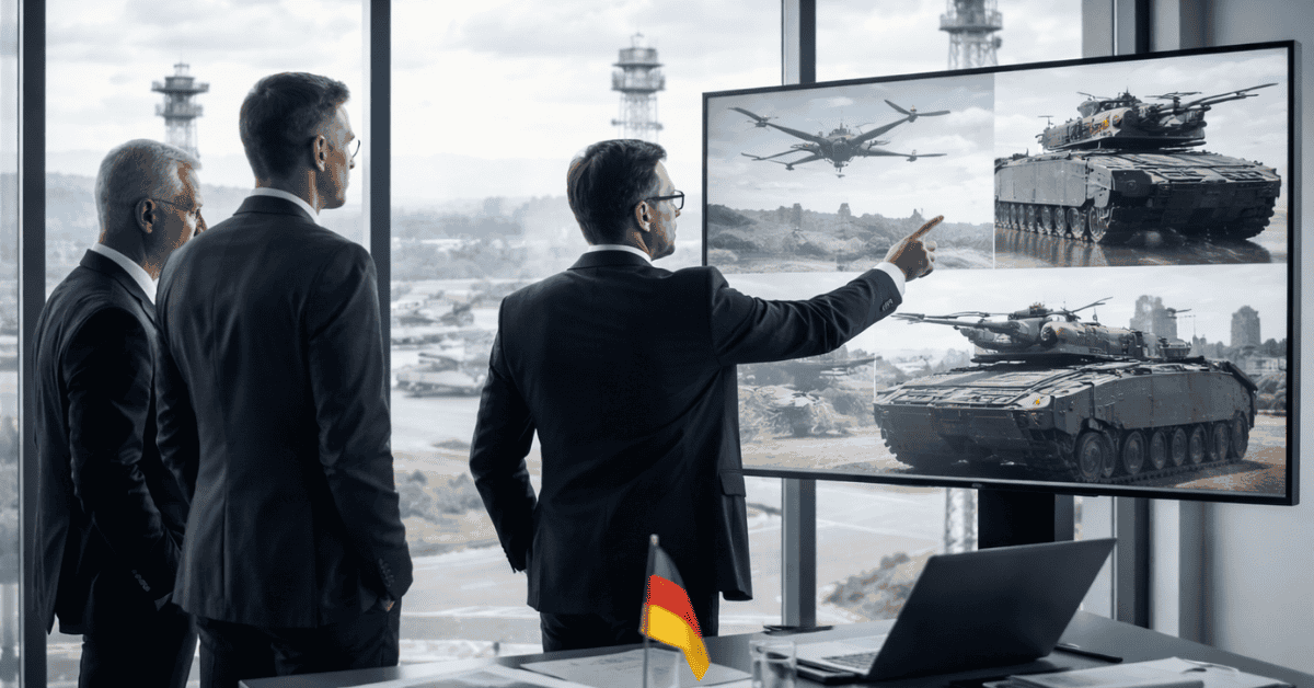Deutsche Führungskräfte analysieren militärische Technologie auf einem Bildschirm in einem modernen Büro, mit Blick auf Verteidigungsfahrzeuge und Drohnen, als Symbol für strategische Investitionen im Sicherheits- und Verteidigungssektor.