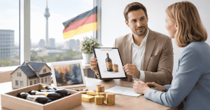 Berater und Investorin besprechen alternative Anlageformen in einem Büro mit Blick auf die deutsche Flagge, mit Immobilienmodell, Goldmünzen und Sachwerten auf dem Tisch, als Symbol für diversifizierte Investitionen in Deutschland.