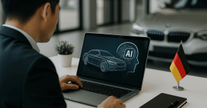 Geschäftsmann am Laptop mit Auto- und KI-Grafik, daneben deutsche Flagge im Autohaus – Symbol für Technologie und **Investitionen** in künstliche Intelligenz im Automobilsektor.
