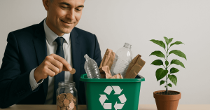 Geschäftsmann legt eine Münze in ein Sparglas neben einer Recyclingbox und einer Topfpflanze – Sinnbild für nachhaltige Investitionen und Umweltbewusstsein.
