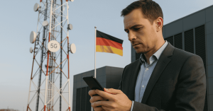 Geschäftsmann nutzt sein Smartphone vor einem 5G-Sendemast und einer deutschen Flagge – Symbol für digitale Investitionen und moderne Finanztechnologie in Deutschland.