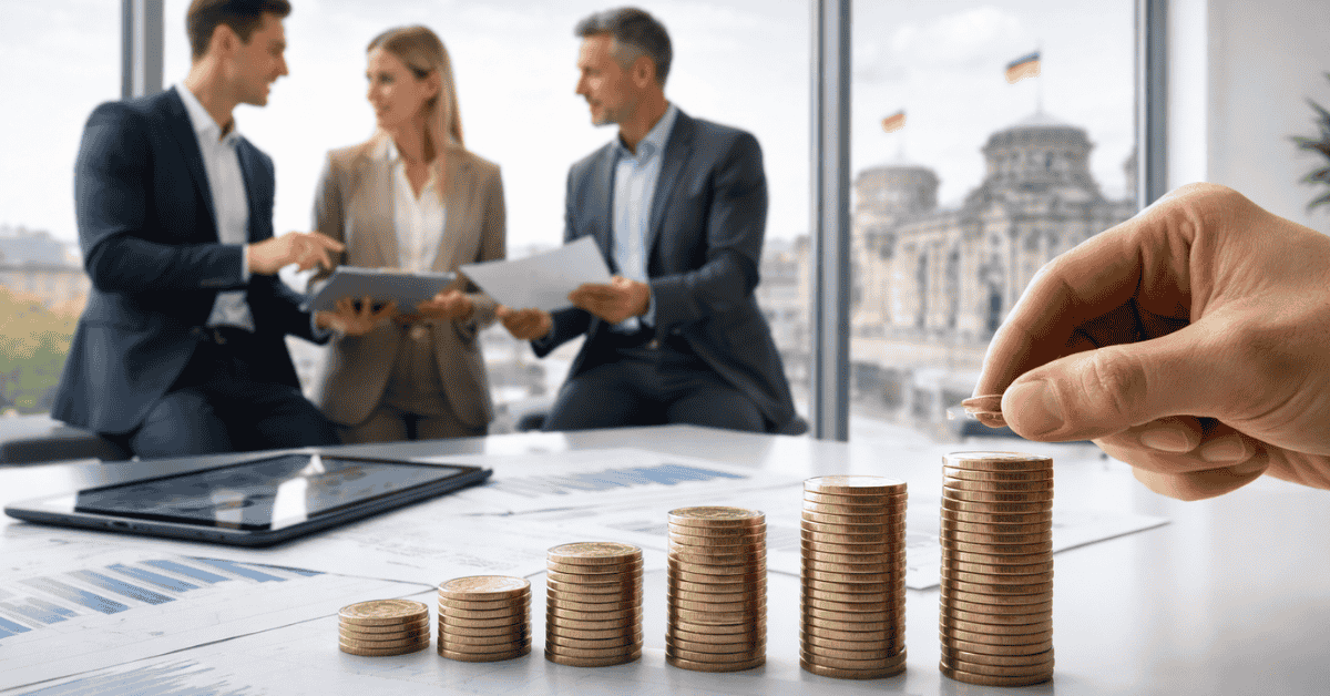 Geschäftsleute analysieren Finanzberichte und steigende Münzstapel in einem modernen Büro, mit Blick auf ein Regierungsgebäude, als Symbol für investitionen und wirtschaftliches Wachstum.