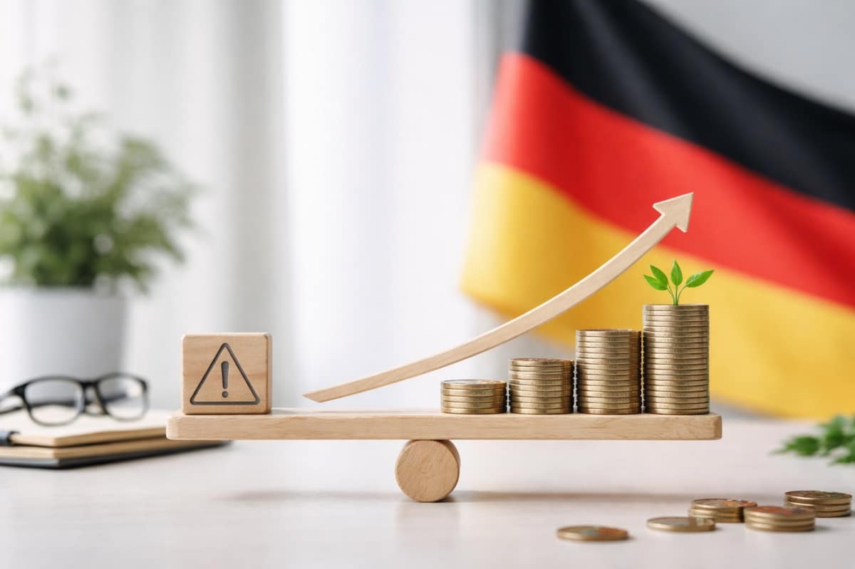 Konzeptionelle Darstellung mit wachsenden Münzstapeln auf einer Holzwaage, einem nach oben gerichteten Pfeil und einer kleinen Pflanze als Symbol für finanzielles Wachstum, mit der Flagge Deutschlands im Hintergrund, die das Gleichgewicht zwischen Risiko und Rendite, Vermögensaufbau und Strategien für Investitionen im deutschen Wirtschaftskontext veranschaulicht.