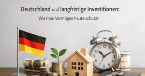 Langfristige Investitionen in Deutschland dargestellt durch Münzstapel mit Pflanze, ein Hausmodell, eine Uhr und die deutsche Flagge, als Symbol für Vermögensaufbau, Zeit und nachhaltigen Schutz von Kapital.