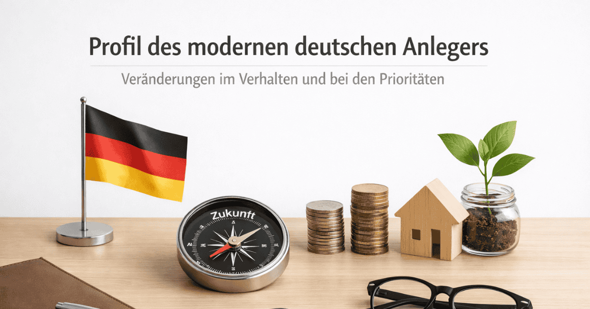 Auf einem Holztisch stehen eine kleine Deutschlandflagge, ein Kompass mit der Aufschrift „Zukunft“, gestapelte Münzen, ein kleines Holzhaus und ein Glas mit einer wachsenden Pflanze als Symbol für nachhaltige Investitionen. Im Vordergrund liegen ein Notizbuch mit Stift, ein Autoschlüssel und eine Brille, die persönliche Finanzplanung und langfristige Vermögensstrategie in Deutschland darstellen.