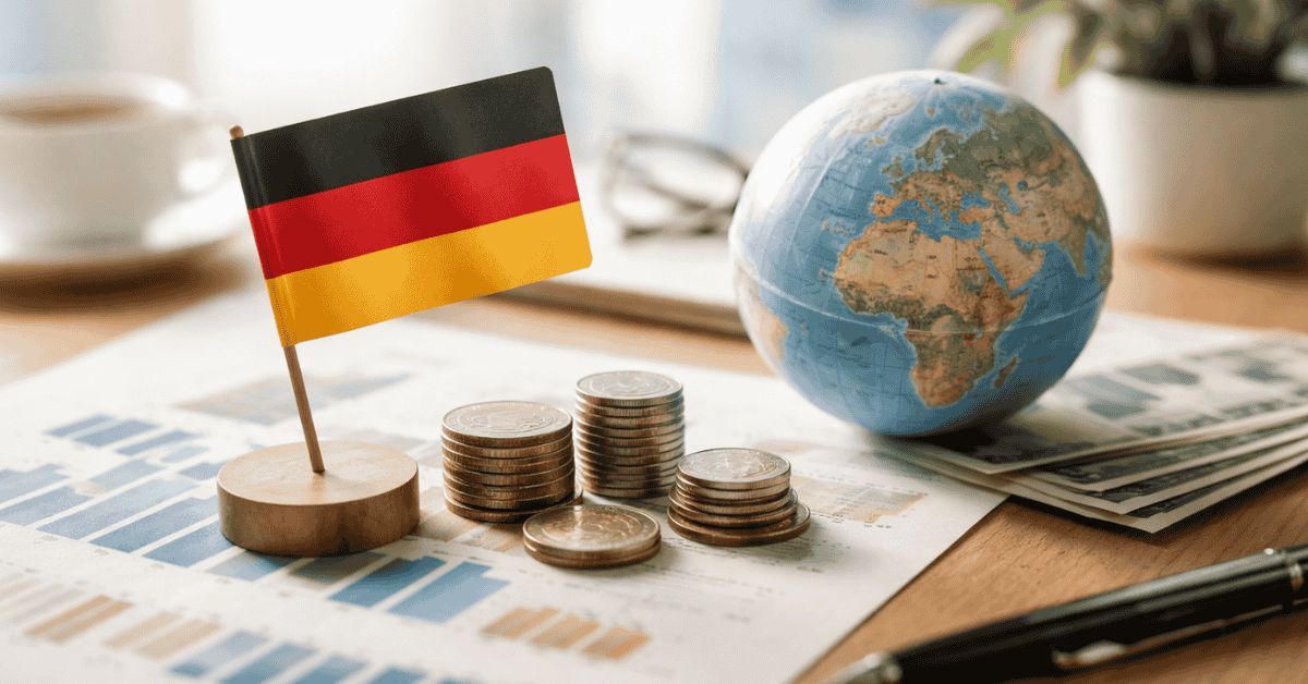 Bild zum Thema Investitionen in Deutschland. Auf einem Schreibtisch steht eine kleine deutsche Flagge neben mehreren gestapelten Münzen. Im Hintergrund liegen US-Dollar-Banknoten, ein Globus sowie Finanzdiagramme mit Balken- und Liniendiagrammen. Ein Stift liegt daneben. Die Szene symbolisiert internationale Investitionen, globale Diversifikation, Kapitalanlagen und strategische Finanzplanung aus deutscher Perspektive.