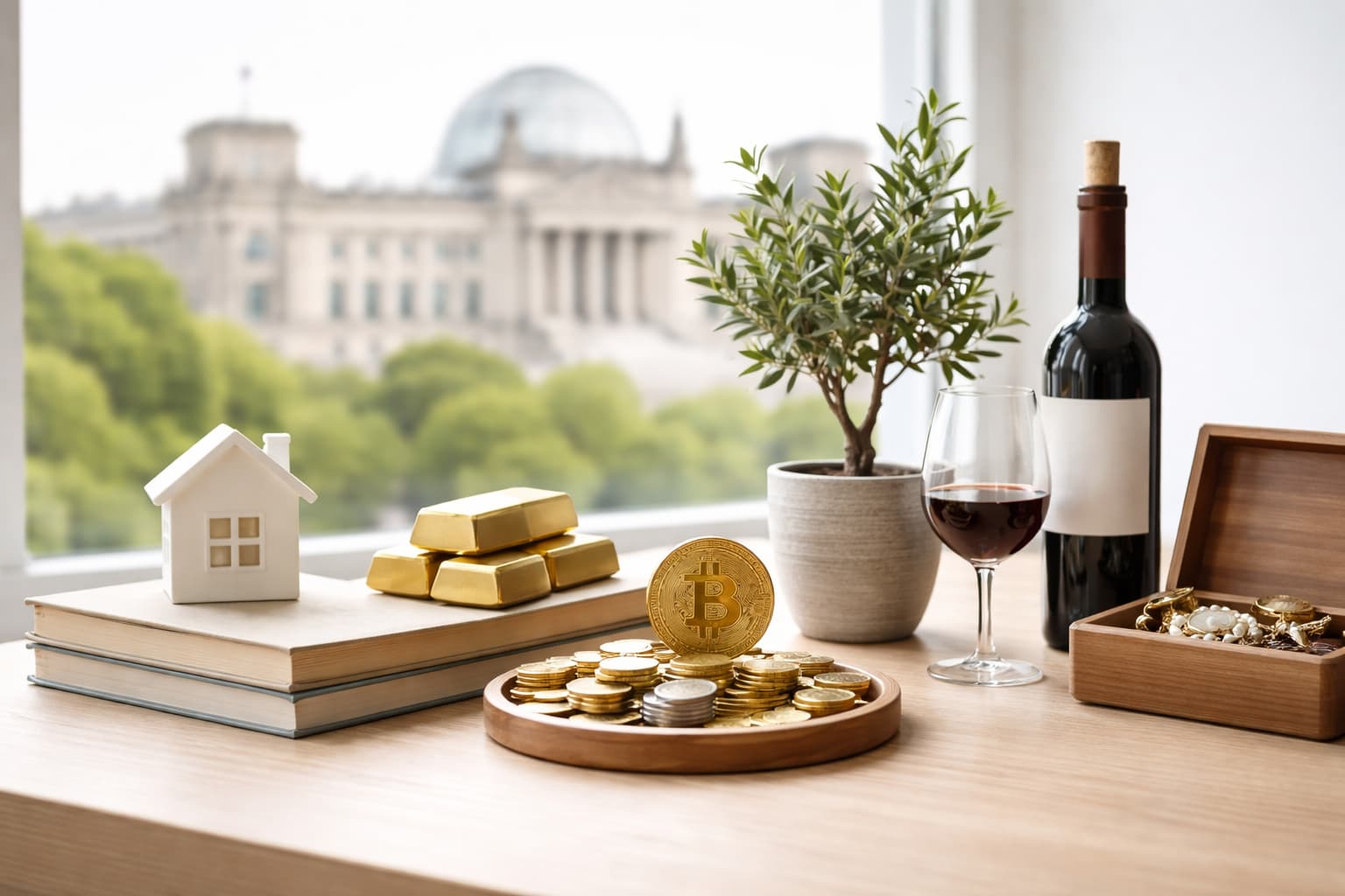 Verschiedene Anlageformen wie Goldbarren, Bitcoin, Münzen, Schmuck und Immobilienmodell vor dem Reichstag – Symbol für Investitionen und Vermögensaufbau in Deutschland.