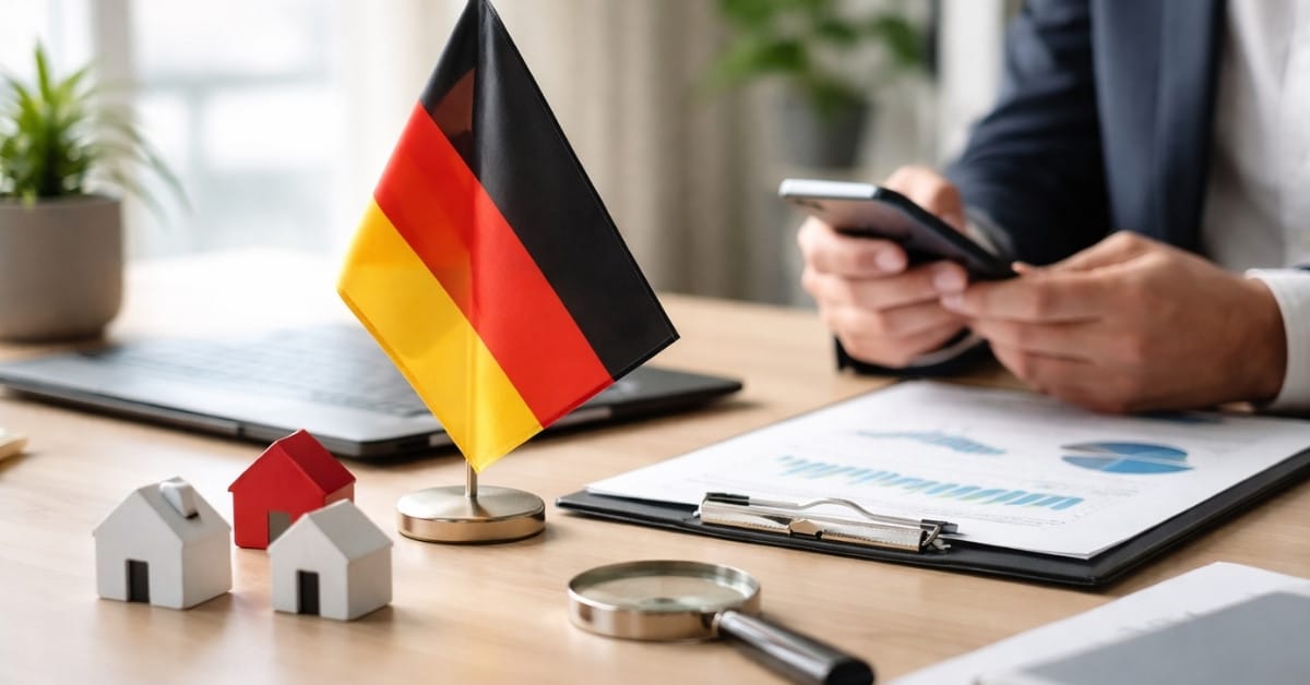 Investitionen Konzept mit deutscher Flagge, Smartphone, Laptop, Finanzdiagrammen und Hausmodellen auf dem Schreibtisch.