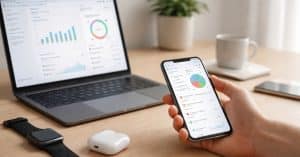 Finanzen Konzept mit deutscher Flagge, Person nutzt Smartphone, Laptop und Finanzberichte zur Planung von Ausgaben und Investitionen.