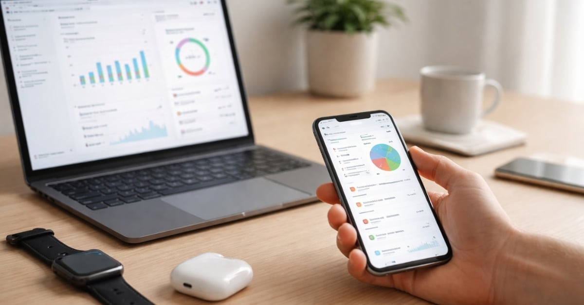 Finanzen Konzept mit deutscher Flagge, Person nutzt Smartphone, Laptop und Finanzberichte zur Planung von Ausgaben und Investitionen.