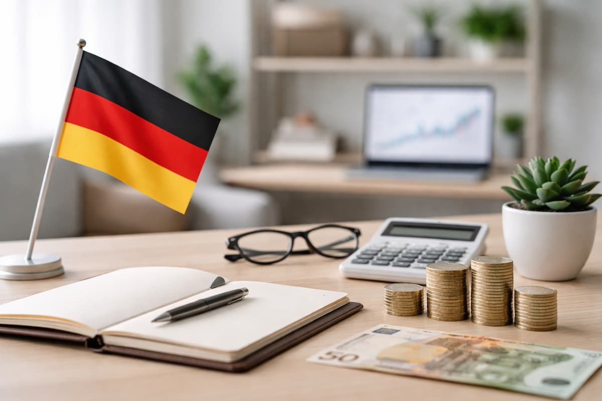 Deutsche Flagge auf dem Schreibtisch mit Münzstapeln, Taschenrechner und Notizbuch – Symbol für Finanzplanung und Investitionen in Deutschland.