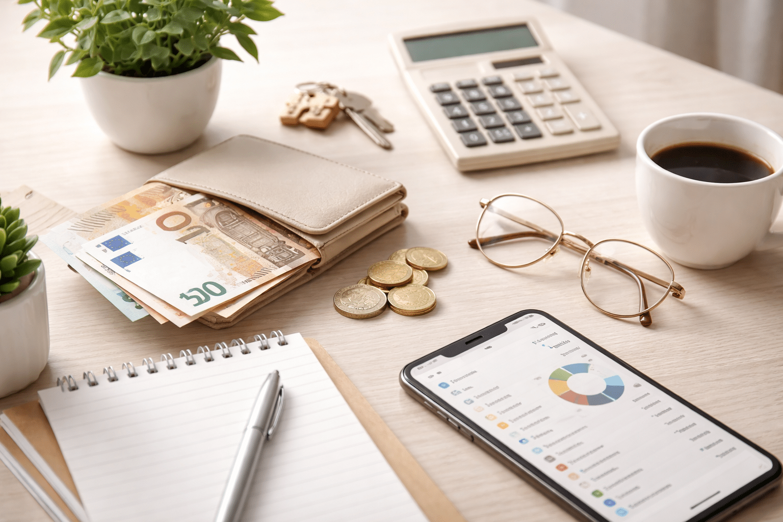 Ambiente minimalista de trabalho com foco em Finanzen, mostrando uma carteira com notas de euro parcialmente visíveis, moedas organizadas sobre a mesa, um smartphone exibindo um aplicativo financeiro, um caderno aberto com caneta, óculos de armação fina, uma xícara de café e uma calculadora ao fundo, tudo disposto sobre uma superfície clara com iluminação suave e equilibrada, transmitindo organização e controle financeiro.