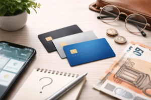 Cena minimalista mostrando três cartões alinhados sobre uma mesa de madeira clara, acompanhados por um smartphone com interface financeira, notas de euro, moedas, óculos, carteira de couro e um bloco com ponto de interrogação, simbolizando o processo de escolha da Kreditkarte ideal de acordo com o perfil financeiro e os hábitos de consumo do usuário.