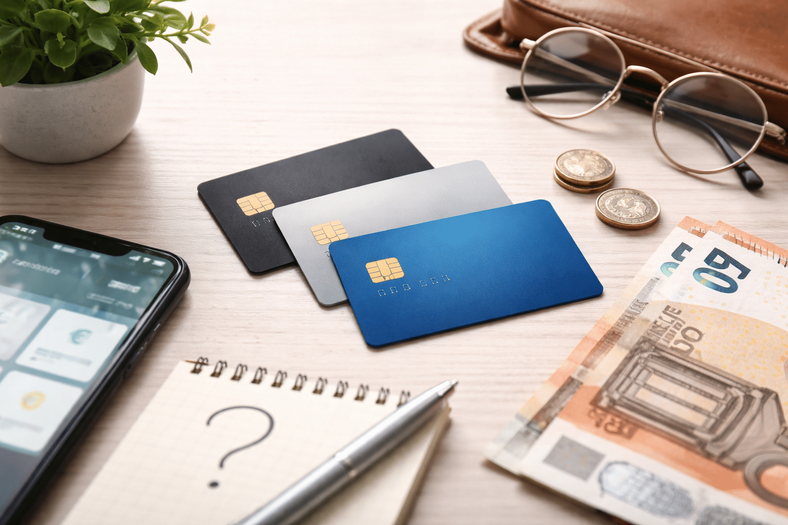 Cena minimalista mostrando três cartões alinhados sobre uma mesa de madeira clara, acompanhados por um smartphone com interface financeira, notas de euro, moedas, óculos, carteira de couro e um bloco com ponto de interrogação, simbolizando o processo de escolha da Kreditkarte ideal de acordo com o perfil financeiro e os hábitos de consumo do usuário.