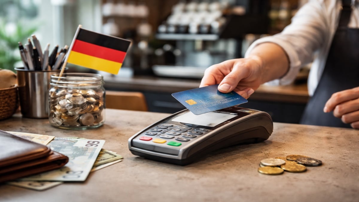 Person führt kontaktlose Zahlung mit kreditkarte an einem modernen Kartenlesegerät in einem deutschen Café durch, während Münzen, Euro-Banknoten und eine kleine Deutschlandflagge im Hintergrund die Verbindung zwischen Bargeldtradition und digitalen Zahlungsmethoden darstellen.