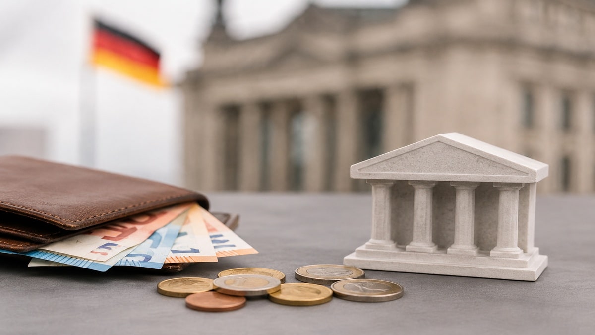 Die Bilddarstellung ergänzt dieses Thema mit einer minimalistischen und realistischen Szene. Zu sehen sind Euro-Banknoten und Münzen neben einem klassischen Bankgebäude-Modell, während im Hintergrund unscharf eine deutsche Flagge und historische Architektur erscheinen. Die Komposition vermittelt Stabilität, Vertrauen und die anhaltende Bedeutung von Bargeld im deutschen Finanzsystem.