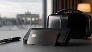 Eine hochwertige Kreditkarte aus Metall thront auf einem schwarzen Lederportemonnaie auf einer eleganten, minimalistischen Oberfläche. Im Hintergrund vervollständigen eine luxuriöse Business-Handtasche und ein edler Stift das Bild, während ein Fenster mit verschwommener Sicht auf ein deutsches Architekturdenkmal den Bezug zu Reisen und Exklusivität unterstreicht. Sanftes Licht hebt die edlen Oberflächen der Objekte hervor und vermittelt eine exklusive Atmosphäre, die mit erstklassigen Finanzdienstleistungen und exklusiven Vorteilen verbunden wird.