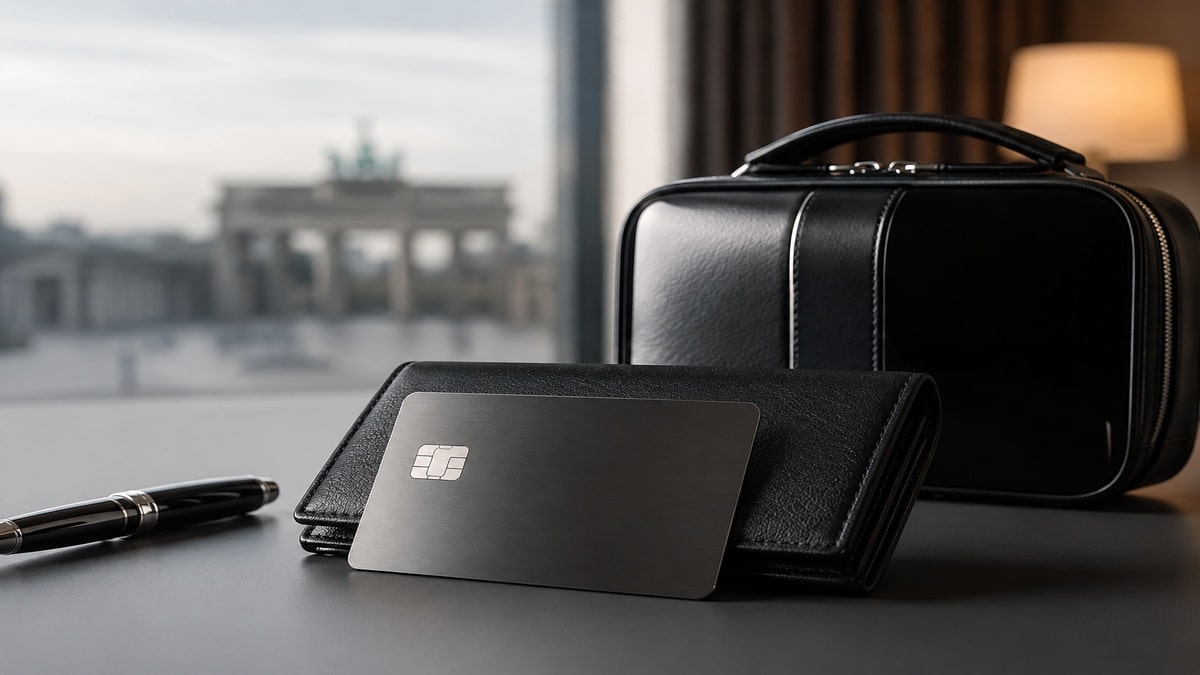 Eine hochwertige Kreditkarte aus Metall thront auf einem schwarzen Lederportemonnaie auf einer eleganten, minimalistischen Oberfläche. Im Hintergrund vervollständigen eine luxuriöse Business-Handtasche und ein edler Stift das Bild, während ein Fenster mit verschwommener Sicht auf ein deutsches Architekturdenkmal den Bezug zu Reisen und Exklusivität unterstreicht. Sanftes Licht hebt die edlen Oberflächen der Objekte hervor und vermittelt eine exklusive Atmosphäre, die mit erstklassigen Finanzdienstleistungen und exklusiven Vorteilen verbunden wird.